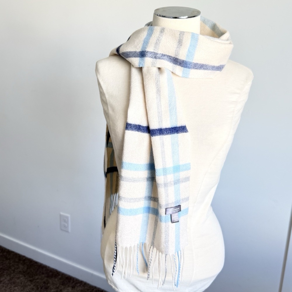 Charter Club 100% Cashmere Scarf Luxury Plaid Ultra Soft Cabin Preppy Natural